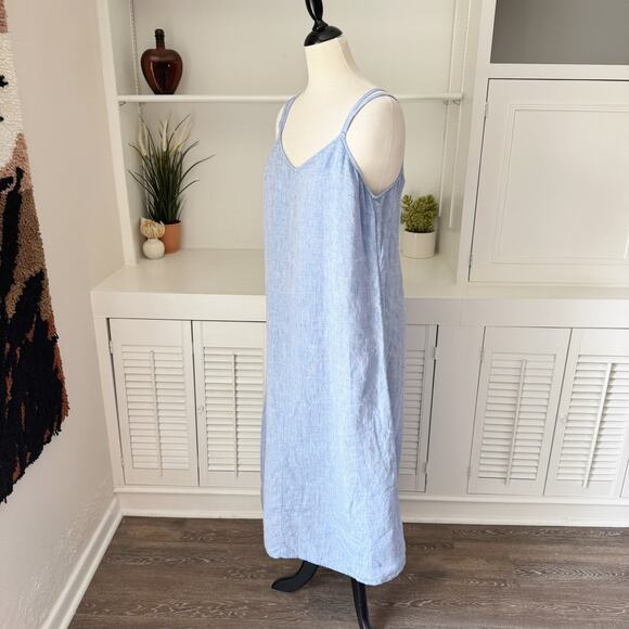 Antibes Blanc 100% Linen Chambray Strappy High Low Midi Dress Size M - Picture 2 of 6